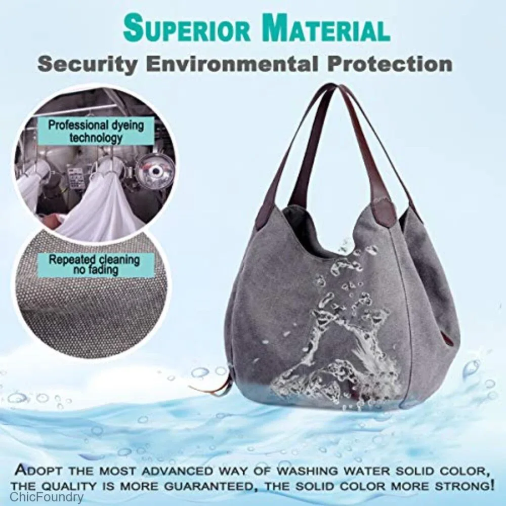 Multi-Pocket Canvas Shoulder Bag Tote Purse with Magnetic Snap Closure